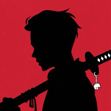 A black silhouette of a young man in profile carrying a katana across his shoulders against a solid red background.