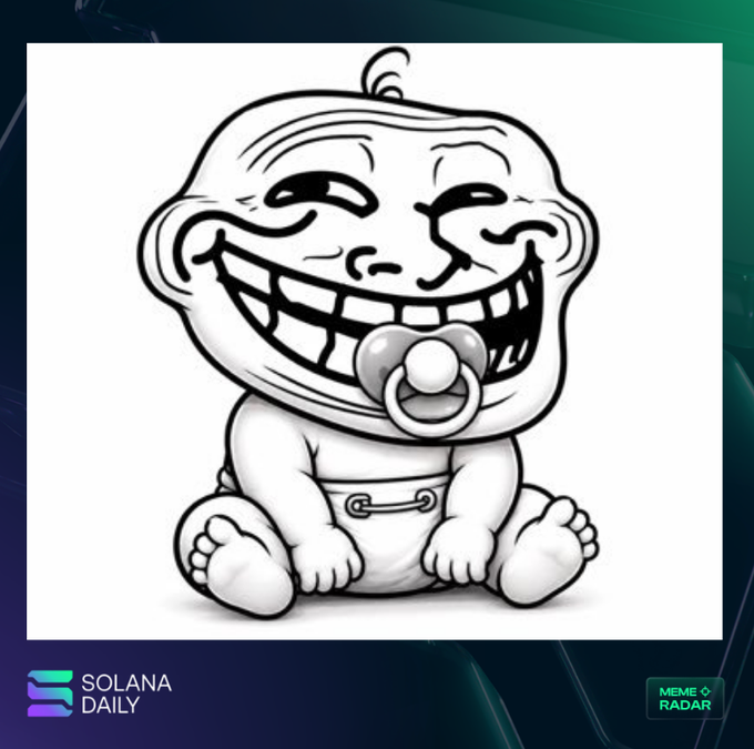The image features a black and white cartoon depiction of a baby wearing a diaper, with a pacifier attached to its mouth. The caption below the image reads "-$490K MCap CA: 6qdzMx4c9rL2X3Ns3SwZ8uEo4zReDPjdXpAEmpo7pump @BabyTrollSolana was launched on the back of the $TROLL hype. This memecoin quickly gained traction from the community and hit ATH ~$3M Mcap. The community now has over 3.8K members #DYOR".