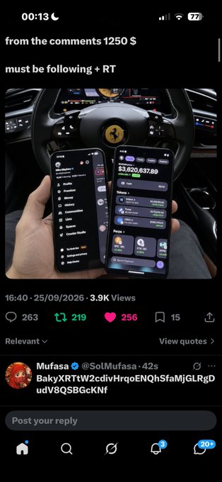 A social media post displays two phones showing crypto trading apps held in front of a Ferrari steering wheel, with text reading 'from the comments 1250 $ must be following + RT'.