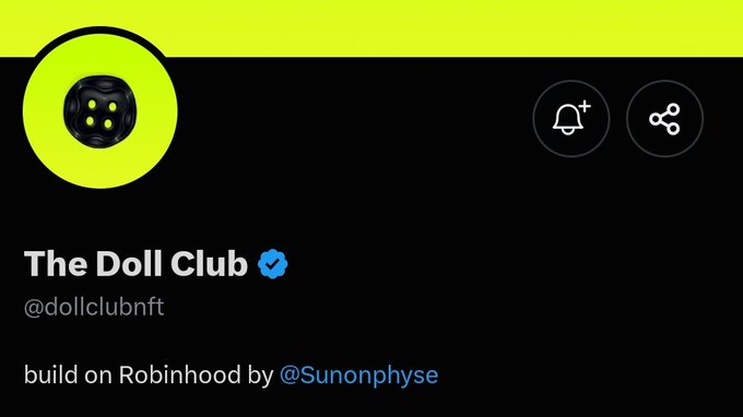 The image displays an X (Twitter) profile banner for "The Doll Club" (@dollclubnft), a verified account showcasing a black and lime green color scheme with a dice-like avatar, noting it was "build on Robinhood by @Sunonphyse." The profile relates to the post as it advertises a free mint opportunity for the collection on the Robinhood platform, known as "Matrix."