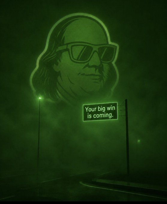 Stylized green-tinted image featuring a portrait of a man with sunglasses resembling Jimmy Buffett, with a glowing sign below reading 'Your big win is coming.'