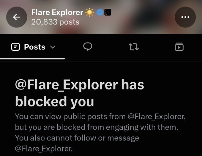 A screenshot of a social media profile page for 'Flare Explorer' (20,833 posts) displaying a message that reads '@Flare_Explorer has blocked you. You can view public posts from @Flare_Explorer, but you are blocked from engaging with them. You also cannot follow or message @Flare_Explorer.'