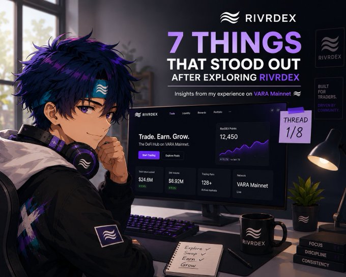 A thumbnail for a thread titled '7 THINGS THAT STOOD OUT AFTER EXPLORING RIVRDEX' featuring an anime-style character with purple hair, showing a RIVRDEX dashboard on VARA Mainnet with 12,450 RivrDex Points, $24.6M TVL, and $8.92M 24h Volume.