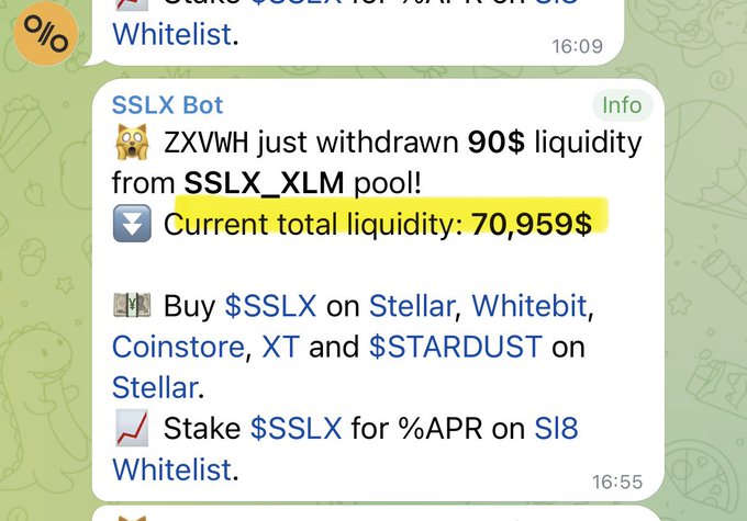 A Telegram chat screenshot from SSLX Bot reporting that ZXVWH withdrew 90$ liquidity, leaving a current total liquidity of 70,959$ in the SSLX_XLM pool.