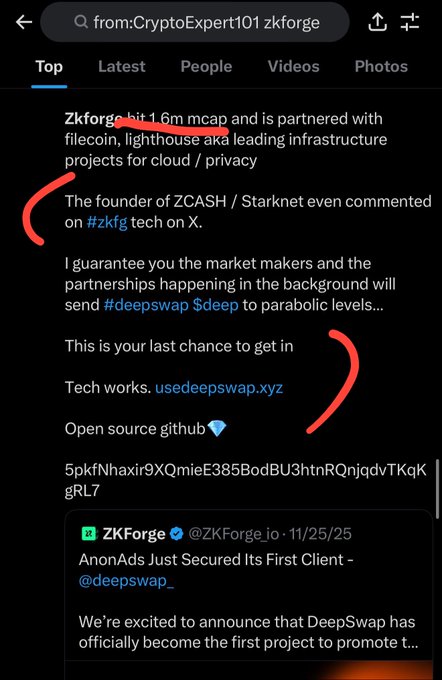 This image displays a Twitter thread from "CryptoExpert101" discussing "zkforge" and "deepswap," highlighting partnerships and potential parabolic growth. It complements the accompanying post by showcasing the crypto conversations that inform the analysis of "REAL" token holders.