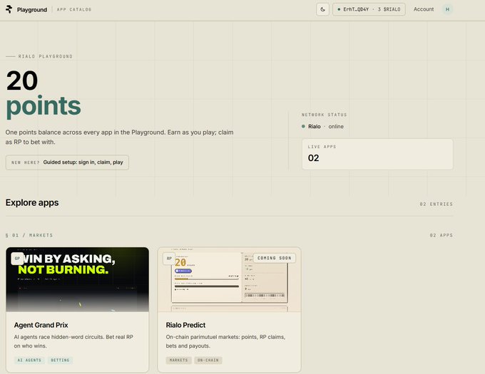 A screenshot of the 'Rialo Playground' web interface showing '20 points' balance, network status 'online', and an 'Explore apps' section featuring 'Agent Grand Prix' and 'Rialo Predict'.