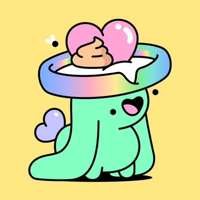 A cartoon illustration of a green creature with a rainbow donut-shaped head and a pink heart on top, sticking out its tongue against a yellow background.