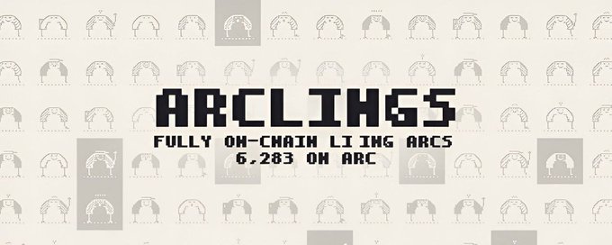 The image features the "ARCLINGS" logo with pixel-art monster characters, promoting a giveaway for 4 Arclings NFTs out of a collection of 6,283 fully on-chain living ARCs on the Arc network, as detailed in the post.