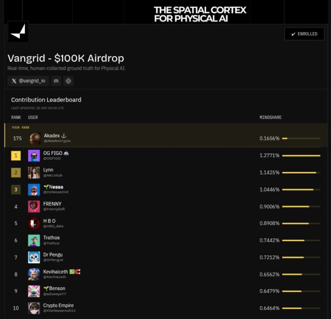 A 'Contribution Leaderboard' for 'Vangrid - $100K Airdrop' on 'The Spatial Cortex for Physical AI', showing the user ranked 175 with 0.1656% mindshare.