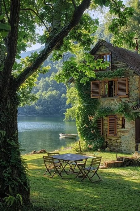 A serene landscape photograph showing a stone cottage with wooden shutters beside a lake, with a small boat on the water and a wooden table with chairs set up on the grassy lawn under a large tree.