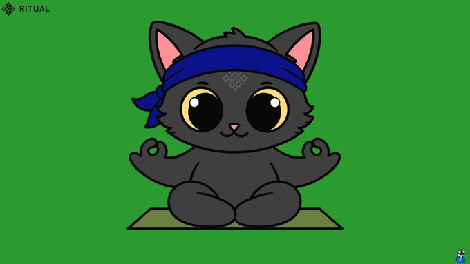 A cartoon black cat with large eyes wears a blue headband and sits in a meditation pose on a mat against a green background, with the 'RITUAL' logo in the top left corner.