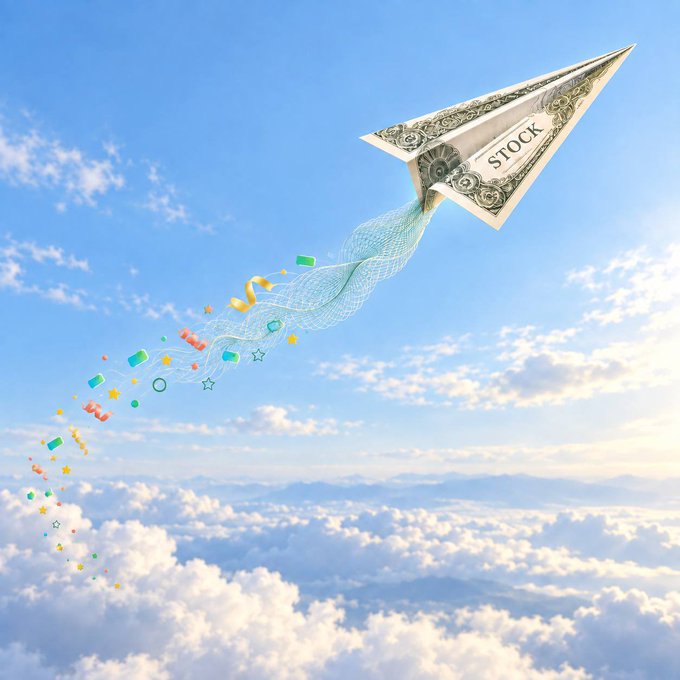 A paper airplane made from a stock certificate soars through a cloudy sky, trailing colorful confetti in its wake — visually echoing the post's message that a stock is merely a launching point, not the destination, with the "STOCK" label marking the beginning of a new creative journey.