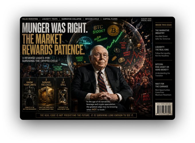 A magazine cover titled "MUNGER WAS RIGHT. THE MARKET REWARDS PATIENCE" featuring Charlie Munger surrounded by crypto and market imagery, with headlines about Bitcoin cycles, value investing, liquidity traps, and August 2026 special issue.
