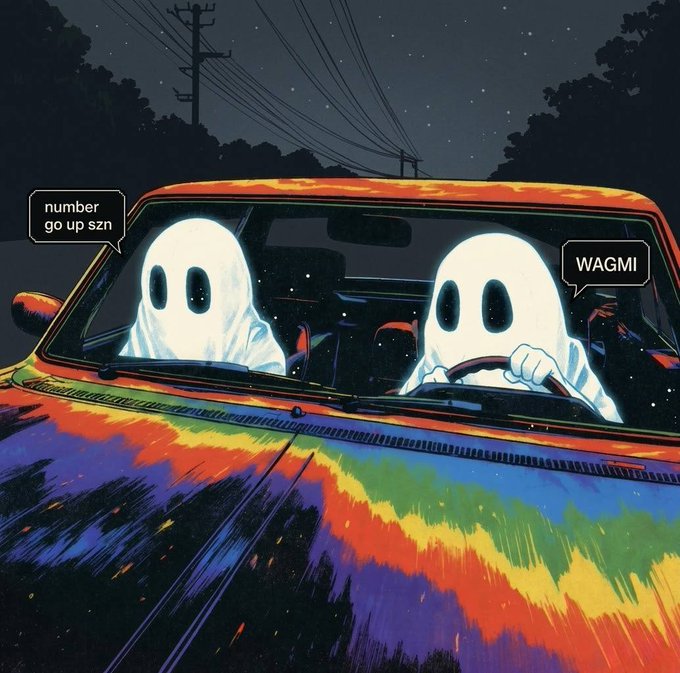 An illustration of two ghosts riding in a car at night, with speech bubbles saying 'number go up szn' and 'WAGMI'.