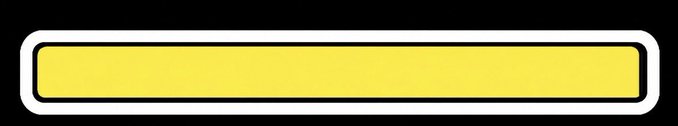 A simple yellow rectangular button or banner with rounded corners and a white border on a black background.