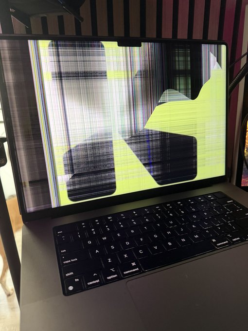 A MacBook Pro displaying distorted, glitching graphics with vertical streaks across the screen and a corrupted image, likely indicating a hardware or display failure. The caption "So this happened" suggests the owner is humorously documenting an unexpected malfunction of their laptop.