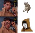 A four-panel meme featuring a man putting on glasses in the top-left and bottom-left, a cat in the top-right, and a hooded cartoon figure in the bottom-right.