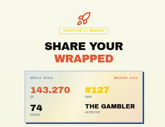 A promotional graphic titled 'SHARE YOUR WRAPPED' showing statistics: 143.270 QE, #127 RANK, 74 BADGES, with archetype 'THE GAMBLER' under 'WRAPPED 2026'.