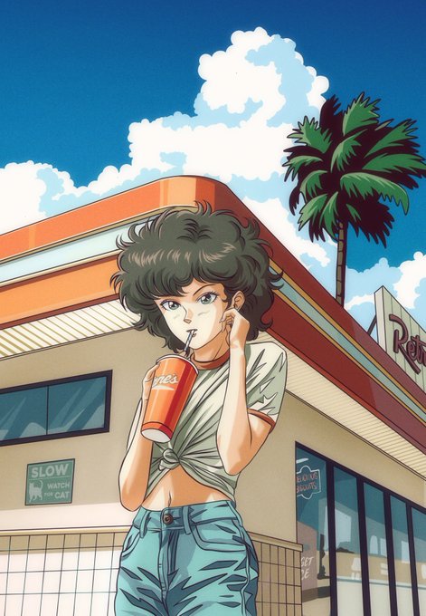Anime artwork of a curly-haired young woman holding a soda cup in front of a fast-food restaurant under a bright blue sky with palm trees.