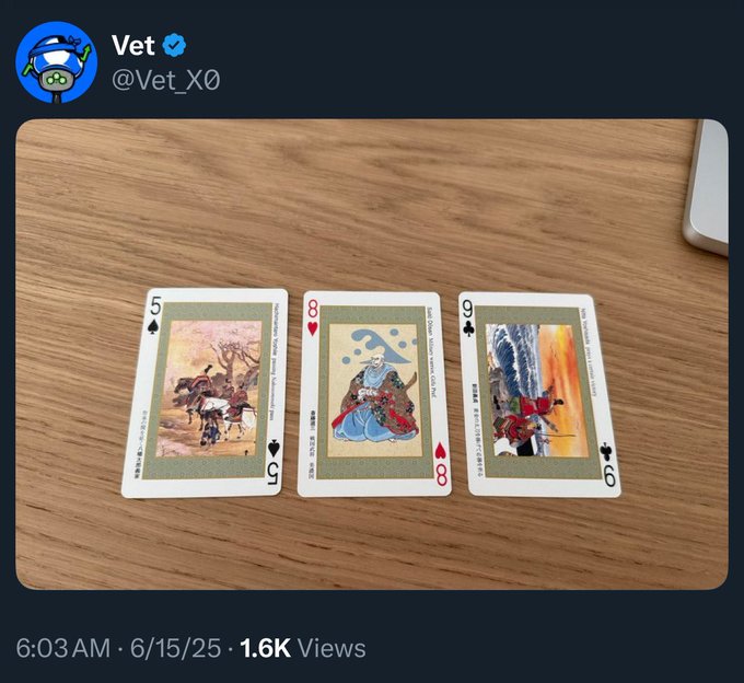 The image features three playing cards with different designs sitting on a wooden table. The cards are arranged in a row, showcasing their unique artwork. A Twitter post has been made about these cards, tagging them as "ripple xrpl" and sharing that they will be available later today at 6:03 am. The post also mentions the XRP Ledger version 3.2.0 for the software powering the cards.
