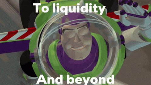 A Buzz Lightyear character, wearing a purple and green suit with a yellow helmet, smiles while flying through the sky against a gray background.