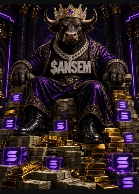 An ornate digital artwork of a bull wearing a crown, purple royal robes, and a diamond "$ANSEM" chain, sitting on a throne surrounded by stacks of gold bars and glowing Solana (SOL) logo cubes.