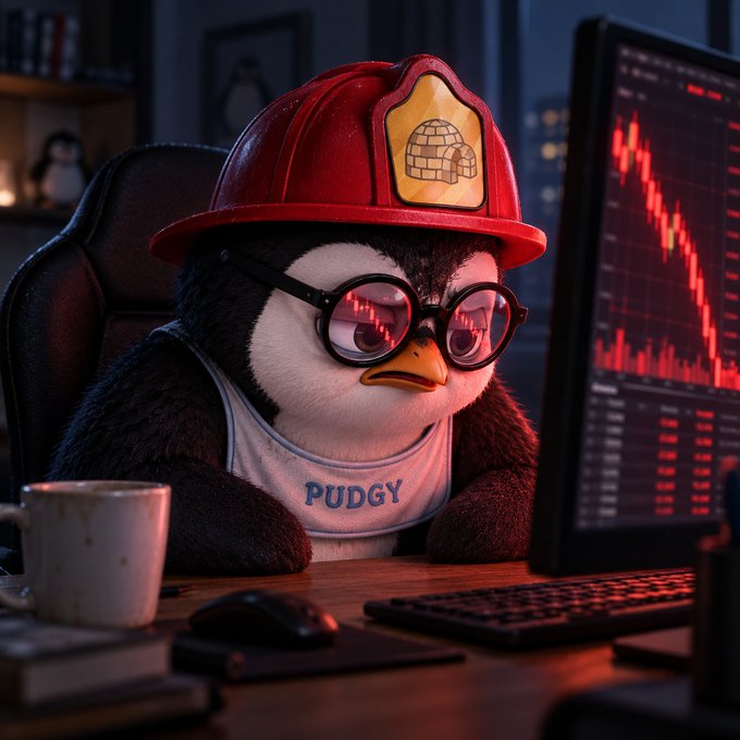3D-rendered penguin character wearing a red firefighter helmet and glasses, dressed in a white 'PUDGY' tank top, sitting at a desk staring at a computer monitor displaying a red bearish stock market candlestick chart.