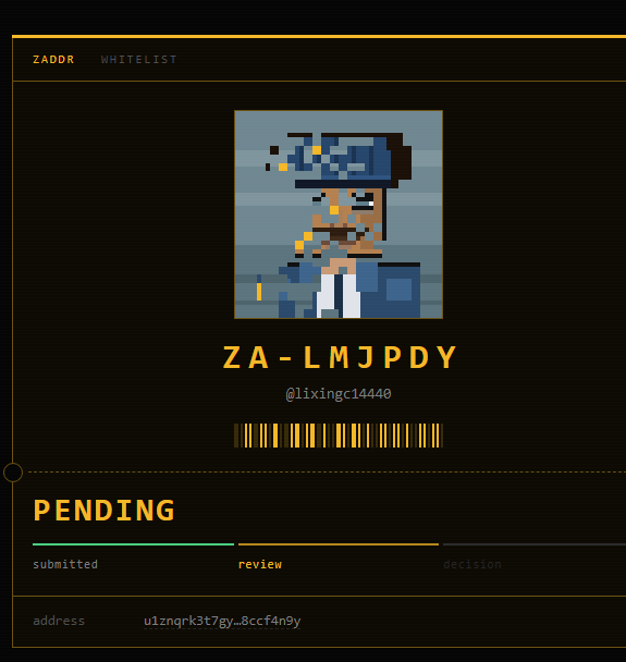 A "ZADDR WHITELIST" application status screen showing a pixel art character, the code "ZA-LMJPDY", username "@lixingc14440", a barcode, and a "PENDING" status in the review stage with an address listed at the bottom.