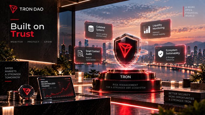 A promotional banner for 'TRON DAO' featuring the tagline 'Built on Trust' with sections for Collateral Systems, Liquidity Monitoring, Smart Contract Audits, and Ecosystem Sustainability, set against a modern cityscape.