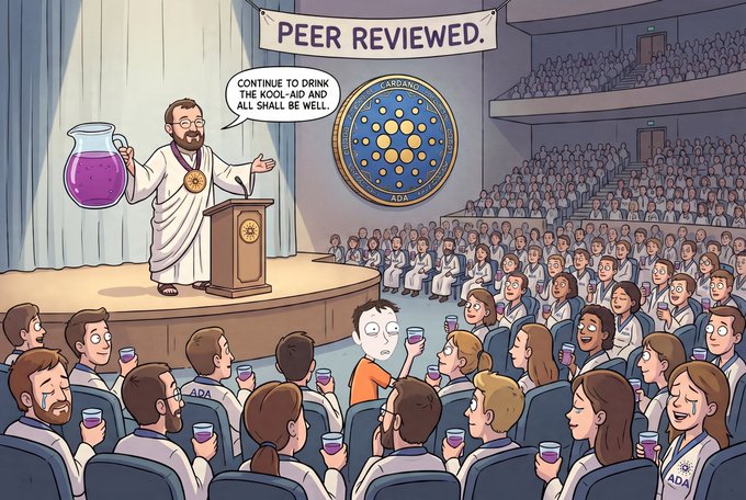 The image features an illustration of a man giving a speech at a podium, with a large crowd of people sitting behind him. The man appears to be wearing a robe and holding a jug of purple liquid as he speaks. In the background, there is a banner that reads "PERER REVIEWED". A cartoon depiction of a man in a robe stands next to a sign that says "BREAKING: Cardano founder takes a break as $ADA hits 5 year lows". The crowd consists of people sitting on chairs and standing behind the speaker.