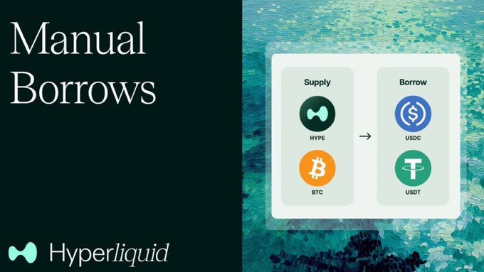 A promotional graphic for Hyperliquid's 'Manual Borrows' feature, showing users can supply HYPE or BTC to borrow USDC or USDT, set against an underwater background.