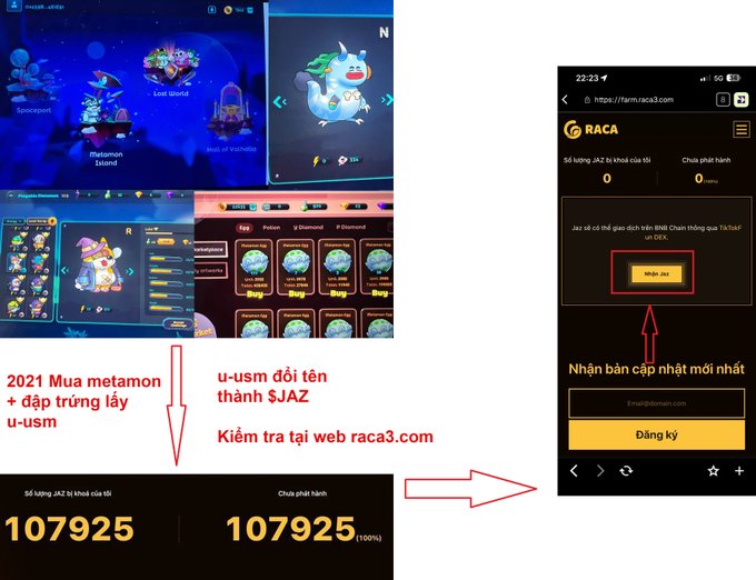 The image promotes finding old wallets containing **$JAZ (formerly u-USM, associated with Metamon and $RACA)** after $JAZ was renamed **$RACA** in 2021. It shows the RACA website with a balance of **107,925** and a “Nhận đổi” (claim/convert) button.