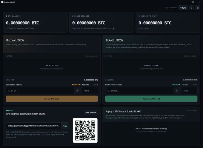 A screenshot of a Bitcoin wallet interface showing 0 BTC balances for BTC, BLAKE, and shared-to-split accounts, with options to send BTC or BLAKE transactions.