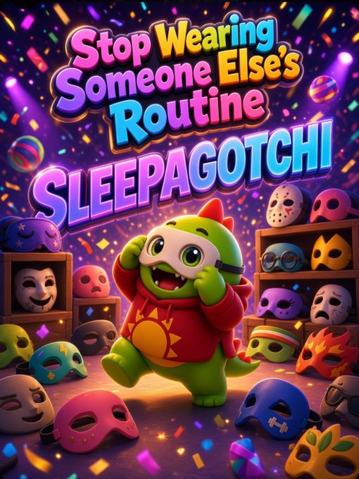 A colorful, vibrant graphic reading 'Stop Wearing Someone Else's Routine SLEEPAGOTCHI' featuring a cute green dragon character surrounded by various colorful masks.