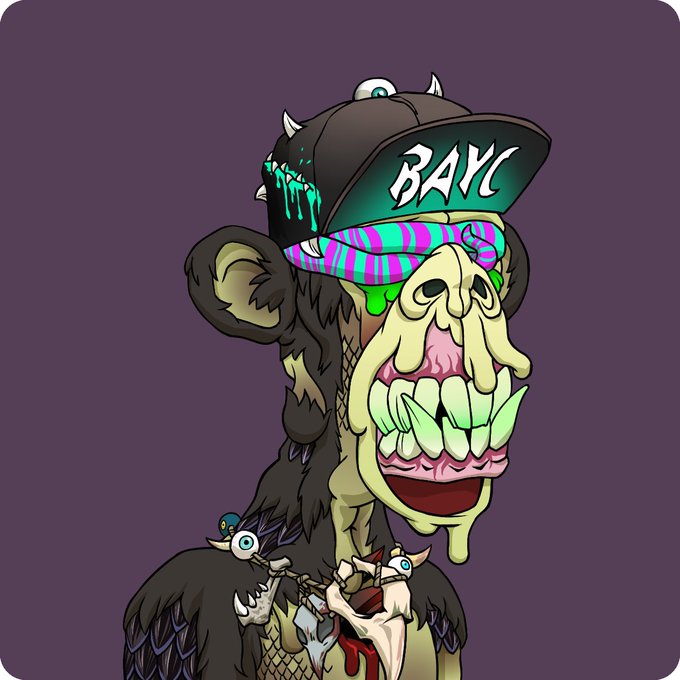 A cartoon illustration of a menacing, drooling monkey wearing a spiked cap with the text "BAYC" (Bored Ape Yacht Club) on the brim and a green-and-pink striped blindfold, sporting a necklace made of eyeballs, fitting the "#NewProfilePic" as a stylized avatar choice.
