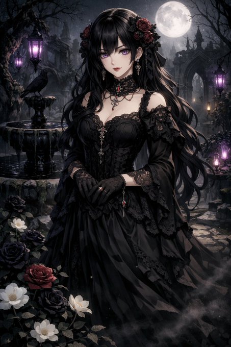 The image features a girl with long dark hair wearing a black dress adorned with roses. She has a necklace around her neck, and there are flowers nearby. The background of the image includes trees and a fountain, creating an atmosphere reminiscent of a Gothic setting or castle. The caption provided seems to be related to Web3, but it does not provide any specific information about the content of the image itself.