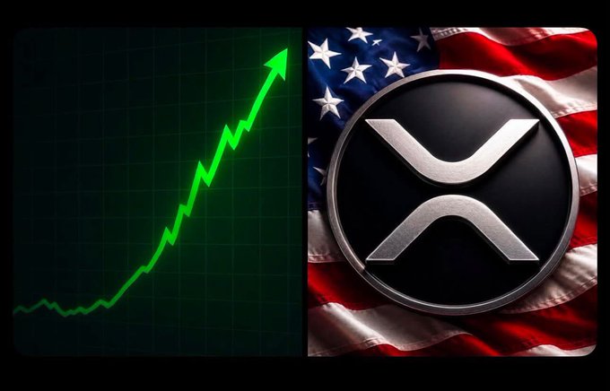 A split image with a green rising price chart arrow on the left and the XRP logo over an American flag on the right.