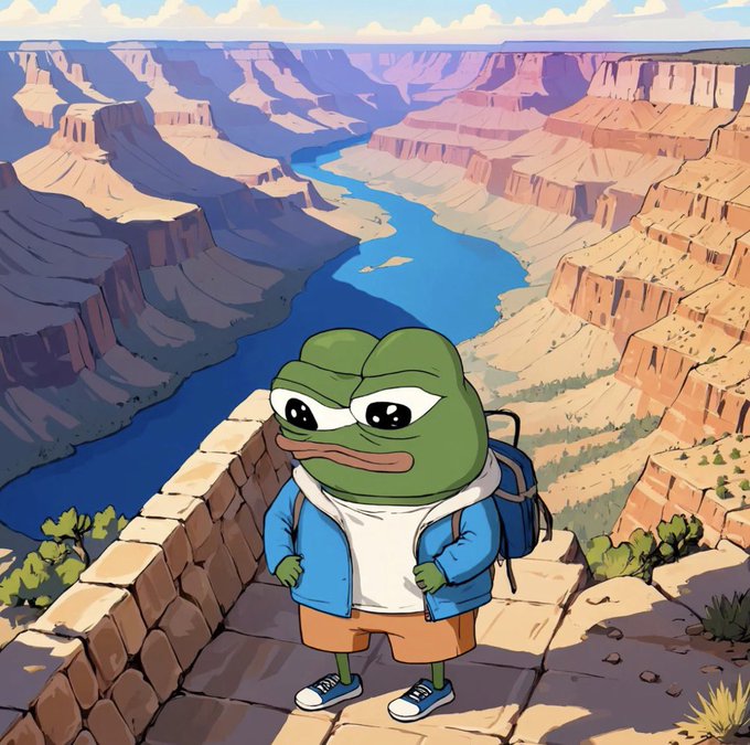 The image features Pepe the Frog wearing a backpack and casual outfit, standing confidently on a stone ledge overlooking a stunning canyon river landscape, capturing the adventurous and relaxed spirit of a cheerful Wednesday "gm" greeting.
