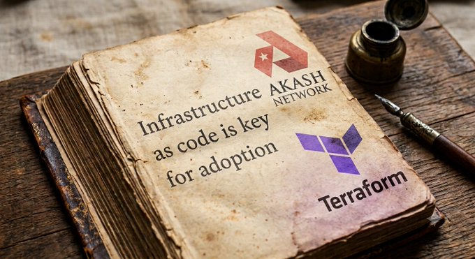 An image of an old weathered book displaying 'Infrastructure AKASH NETWORK' and 'Terraform' logos with the text 'as code is key for adoption'.