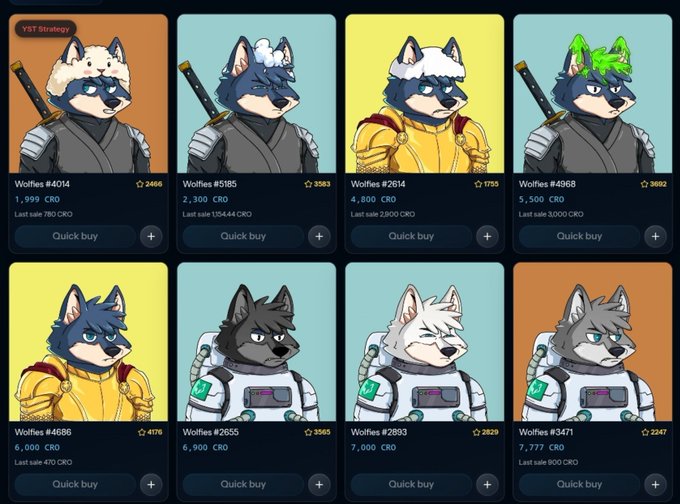A grid of 8 Wolfswap Wolfies NFTs displayed on EbisusBay with floor prices ranging from 1,999 to 7,777 CRO, including items like "Wolffes #4014" at 1,999 CRO and "Wolffes #3471" at 7,777 CRO. The post highlights that about 15 NFTs are currently at the 1,150 CRO floor price, with 7 already swept in the last 24 hours, making these higher-priced trait-based wolfies particularly notable opportunities.