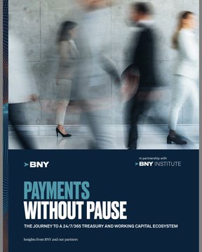 The image features a poster with a group of people walking down a hallway, which appears blurry due to motion blur. The background of the poster has a blue color scheme, and there are two lines of text that read "Payments Without Pause" and "The Journey to a 24-365 Treasury and Working Capital Ecosystem". The image also includes an image of Ripple's website, which is in white with black text.