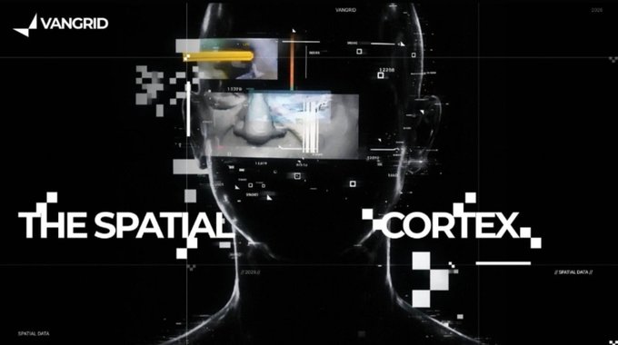 A dark, futuristic graphic from 'VANGRID' displays a robotic head with the text 'THE SPATIAL CORTEX' overlaid.
