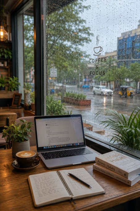 A cozy cafe workspace featuring an open laptop, latte art coffee, an open notebook with pen, books titled 'Atomic Habits', and potted plants by a rain-streaked window with 'COFFEE & FOCUS' decal.
