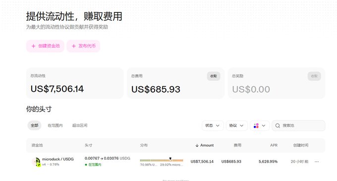 A Chinese-language cryptocurrency dashboard displaying liquidity provision statistics, including total liquidity of US$7,506.14, total fees of US$685.93, and total rewards of US$0.00, with an active position in the microbuck / USDG pool earning an APR of 5,628.95%.