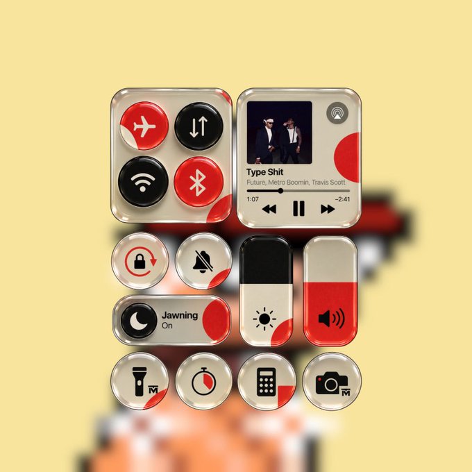 An iOS control center interface with a custom red and white theme is displayed over a blurred yellow background, showing a music widget playing the song 'Type Shit' by Future, Metro Boomin, and Travis Scott.