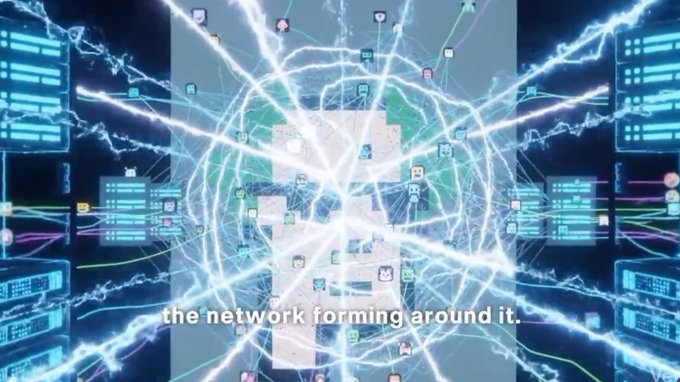 A digital network graphic with glowing blue nodes and connecting lines surrounds a central globe, with the caption "the network forming around it."