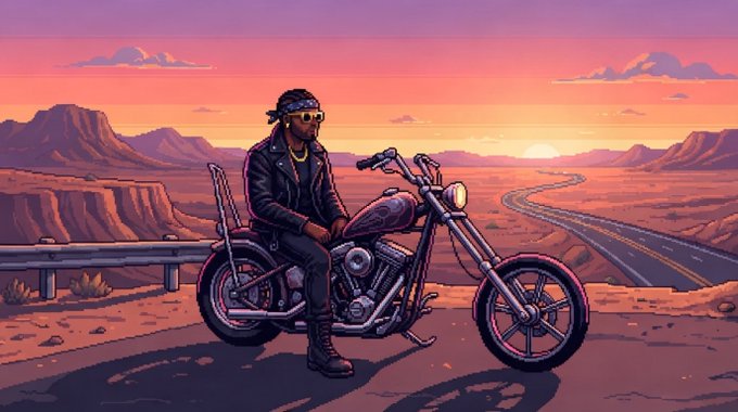 An illustration of a rugged biker wearing sunglasses and a leather jacket, sitting on a motorcycle while overlooking a desert highway at sunset.