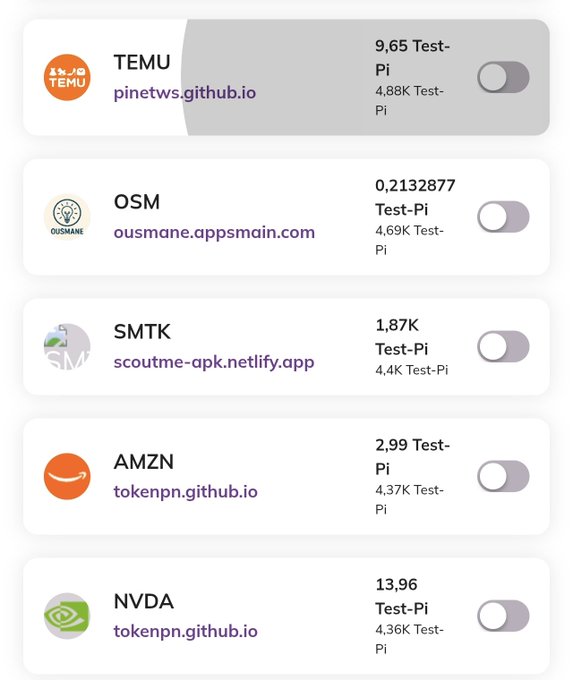 The image shows a Pi Wallet testnet interface listing several crypto tokens impersonating major brands, including TEMU (pinetws.github.io) at 9.65 Test-Pi, OSM (ousmane.appsmain.com) at 0.2132877 Test-Pi, SMTK (scoutme-apk.netlify.app) at 1.87K Test-Pi, AMZN (tokenpn.github.io) at 2.99 Test-Pi, and NVDA (tokenpn.github.io) at 13.96 Test-Pi. This illustrates the issue referenced in the post—how unauthorized third parties can create tokens using famous company names and tickers (like Amazon and NVIDIA) on Pi's testnet, highlighting concerns about trademark misuse and the platform's need for clearer governance policies.