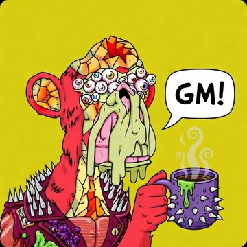 A grotesque illustrated character with multiple eyes and a spiked mug says 'GM!' (good morning) in a speech bubble, a common social media greeting in crypto/NFT communities.