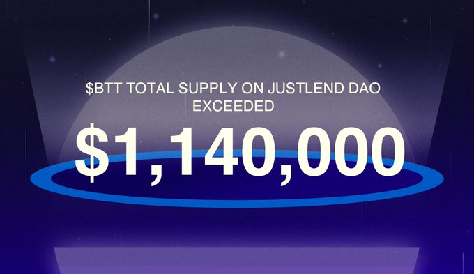 The image shows a black background with the title "SBTT Total Supply Exceded" written at the top. Below the title, there's a graphic of a blue circle containing a dollar sign $1 inside. The overall image is described as a poster or logo that represents "exceeding expectations". The post in question appears to be related to JustLendDAO, an app offering total supply exceeding one million.